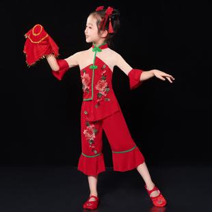 新款儿童喜庆开门红表演服民族东北秧歌服扇子舞演出服红色打鼓服