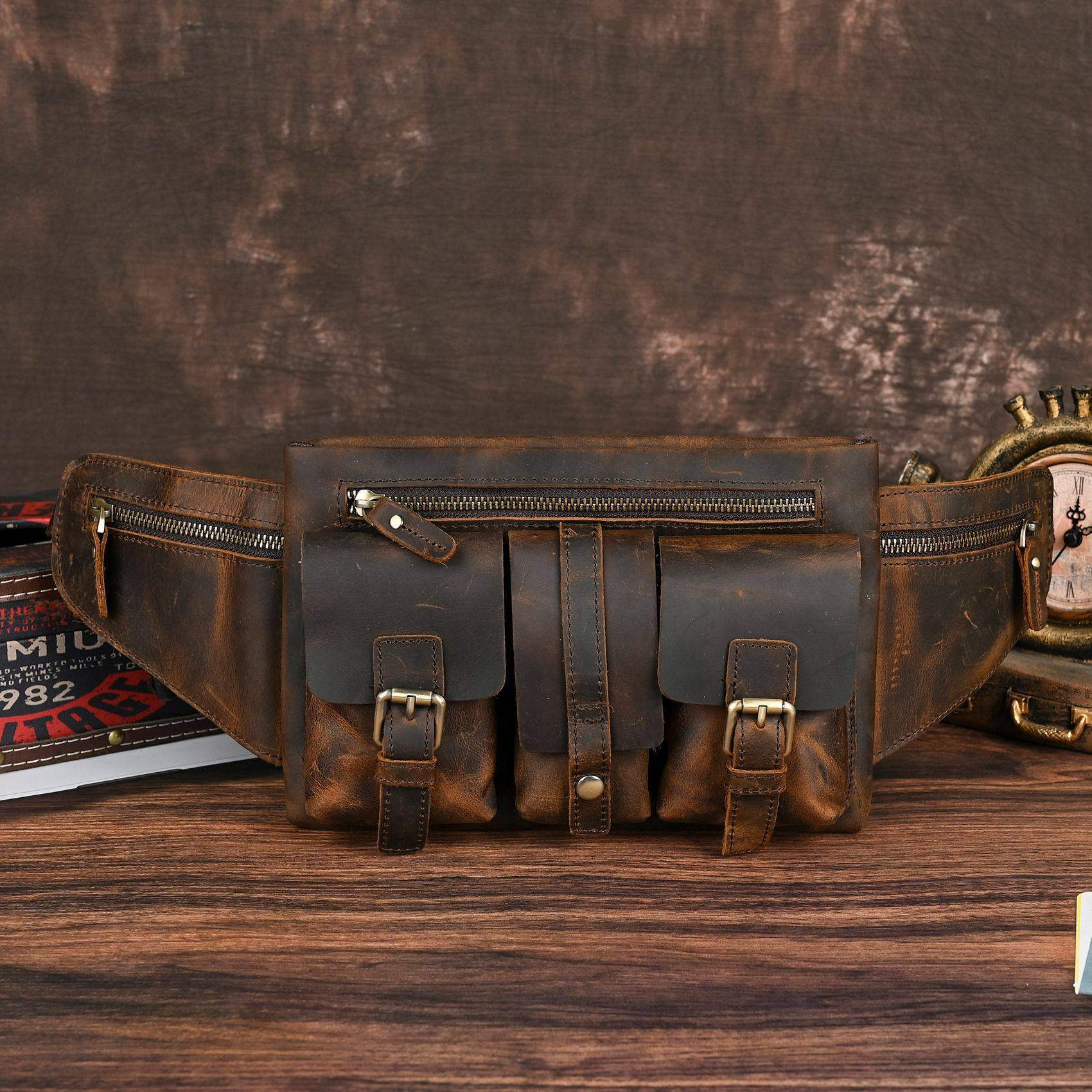 新款头层牛皮男士潮酷复古户外旅游多口袋收纳胸包腰包登上包,箱包皮具/热销女包/男包,胸包,淘宝优惠券,粉丝福利购,淘宝优惠卷