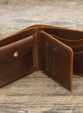 原创手工钱包短款男士真皮头层牛皮疯马皮简约复古驾驶证横款钱夹