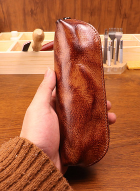 新款头层牛皮笔袋男士复古手工擦色做旧植鞣皮文具笔袋眼镜收纳袋