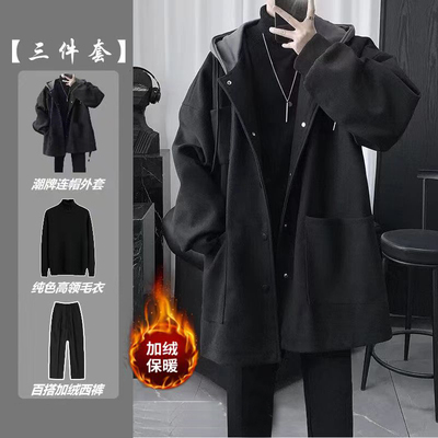 夹棉连帽中长款毛呢大衣