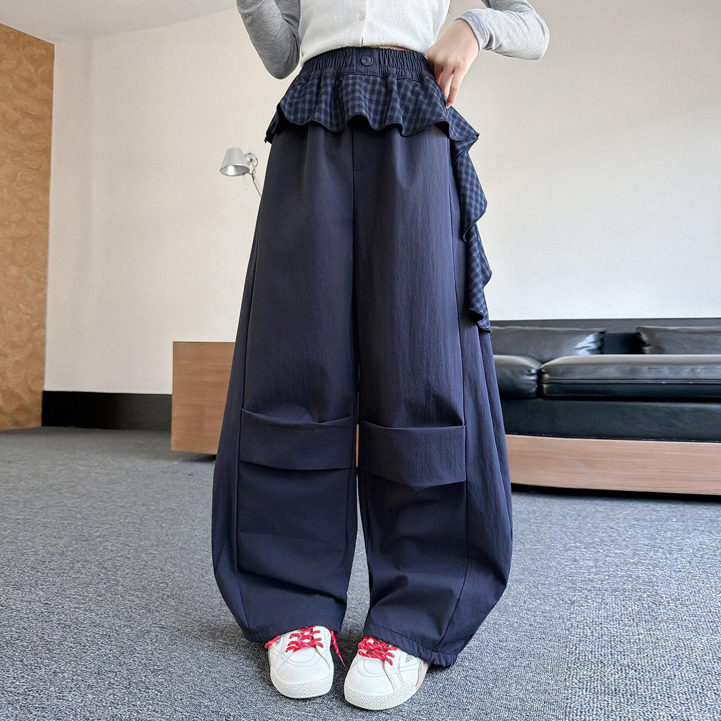 女童秋装长裤格纹屁帘工装阔腿裤