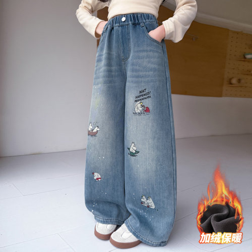 女童秋冬加绒加厚牛仔阔腿裤长裤