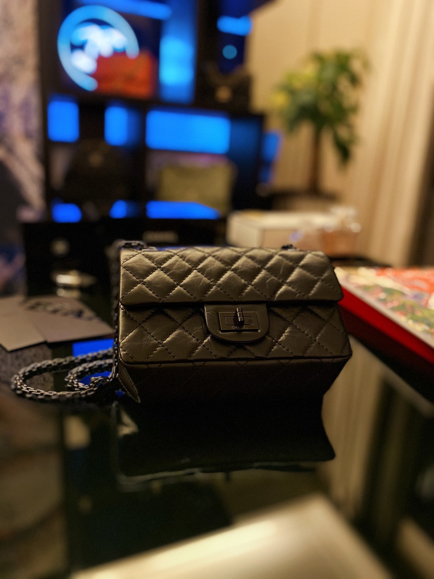 二手  CHANEL香奈儿2.55小号菱格牛皮黑色单肩链条包翻盖包女包