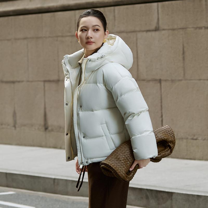 olleenuka羽绒服女短款90白鹅绒连帽加厚宽松面包服外套冬季定制