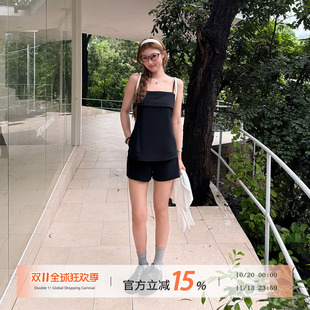饭饭又饿了韩系黑色套装女夏季赫本风外穿吊带背心休闲短裤两件套