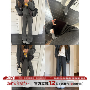 饭饭又饿了复古加绒毛呢微喇休闲裤女冬季设计感直筒显瘦抽绳卫裤