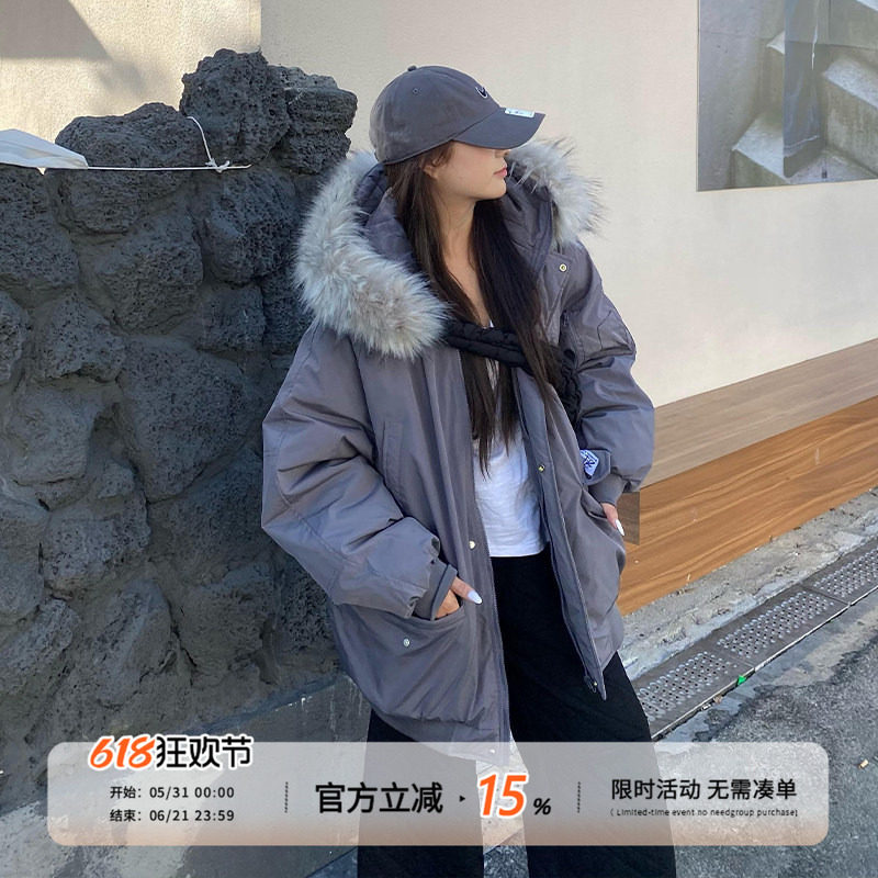 饭饭又饿了美式灰色毛领连帽派克棉服女冬季宽松保暖情侣棉衣外套