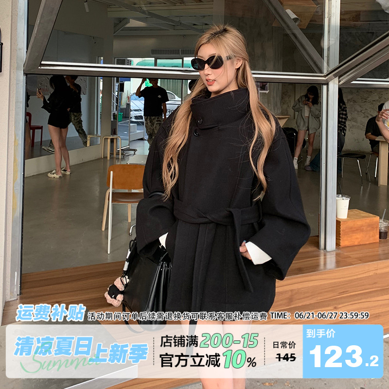 【清仓价】饭饭又饿了罗马雪夜立领毛呢大衣女秋冬中长款呢子外套