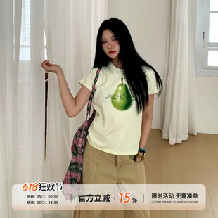 饭饭又饿了韩系梨子印花短袖t恤女夏季简约休闲百搭显瘦体恤上衣