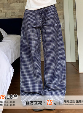 饭饭又饿了韩系简约蓝色休闲格子裤女夏季慵懒风高腰宽松阔腿裤