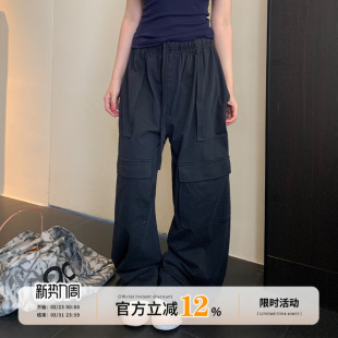 饭饭又饿了美式多口袋工装裤女款春季纯棉松紧腰宽松显瘦休闲裤子