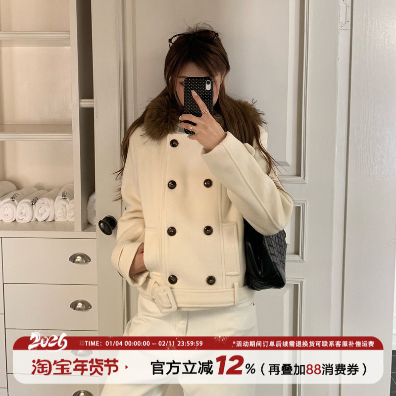 饭饭又饿了韩系毛领双排扣毛呢外套女冬季高级感显瘦正肩短款大衣,女装/女士精品,毛呢外套,淘宝优惠券,粉丝福利购,淘宝优惠卷