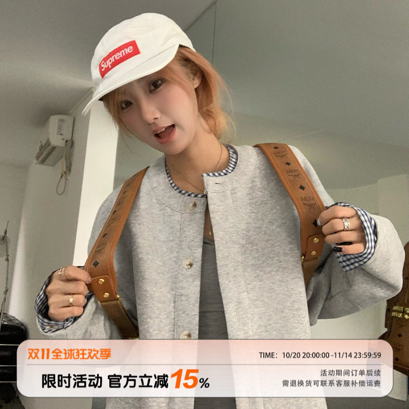 饭饭又饿了美式复古拼接外套女秋季情侣款外搭宽松休闲假两件上衣