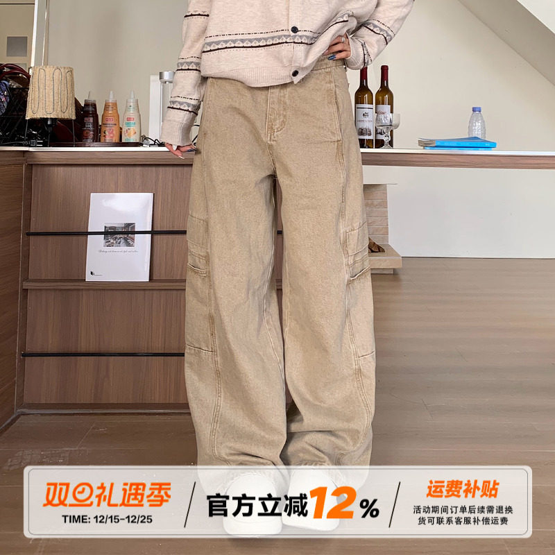 饭饭又饿了美式复古水洗牛仔裤女