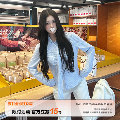 饭饭又饿了韩系polo领长袖衬衫女