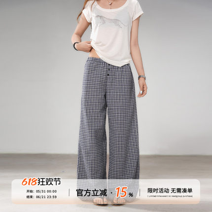 饭饭又饿了设计感泡泡棉三粒扣格子裤女夏宽松阔腿显瘦百搭休闲裤