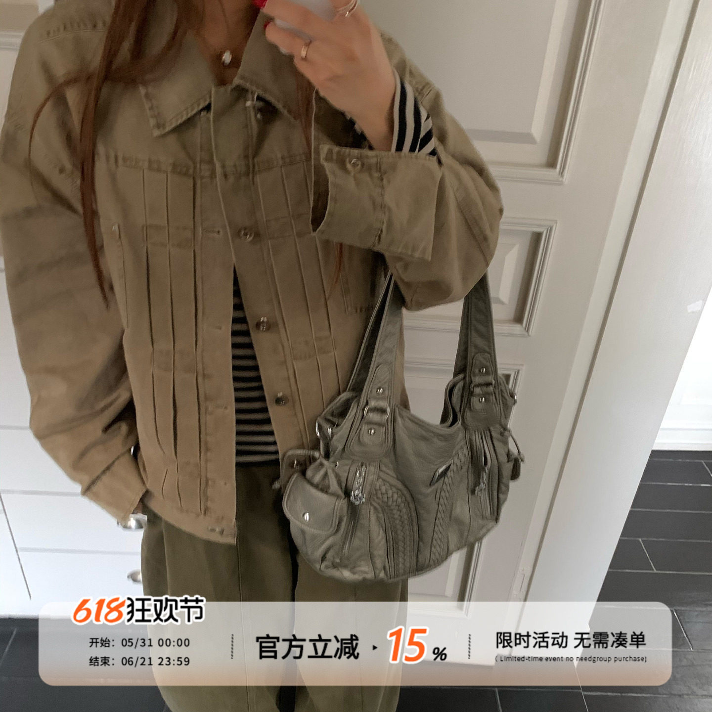 饭饭又饿了卡其色水洗牛仔外套女款春季解构休闲百搭工装夹克上衣