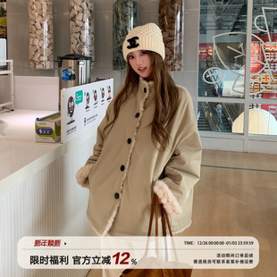 饭饭又饿了韩系双面穿皮毛一体外套女冬季保暖慵懒风宽松显瘦大衣