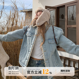 饭饭又饿了复古浅蓝色羊羔毛牛仔外套女冬季宽松加绒保暖棉衣夹克