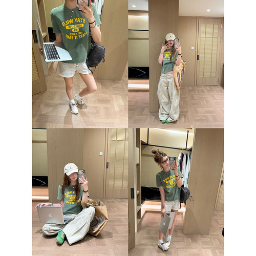 【清仓价】饭饭又饿了美式纯棉正肩短袖t恤女夏休闲显瘦半袖上衣