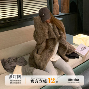 【5折款】饭饭又饿了复古大翻领毛毛外套冬季女款保暖中长款大衣