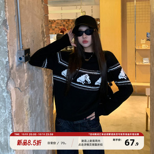 巨好看软糯显瘦套头针织衫 饭饭又饿了复古费尔岛提花毛衣冬季 女款