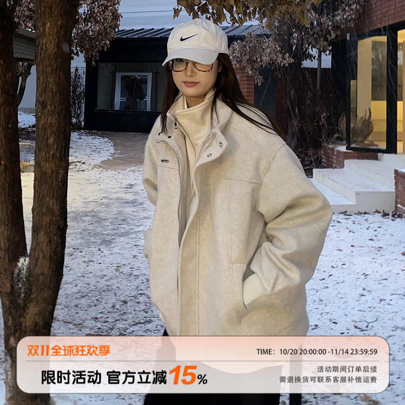 饭饭又饿了假两件夹棉毛呢夹克女冬季设计感保暖高街立领呢子外套