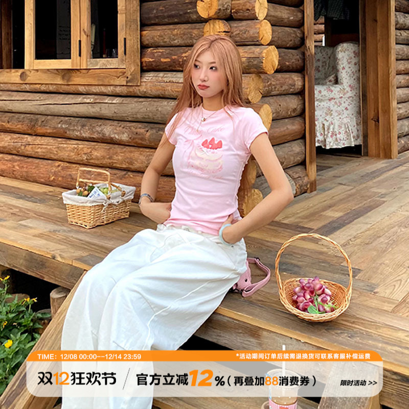 饭饭又饿了粉色印花短袖t恤女春