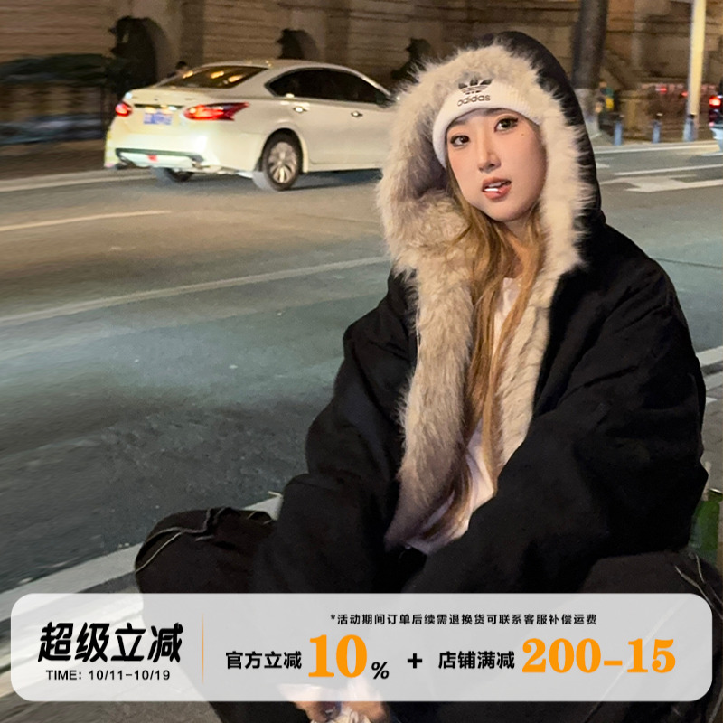 饭饭又饿了美式黑色毛领连帽棉衣棉服女冬季加绒保暖拉链夹克外套