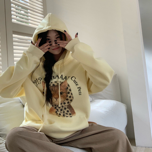 饭饭又饿了黄色卡通印花连帽卫衣女秋季oversize休闲宽松百搭帽衫