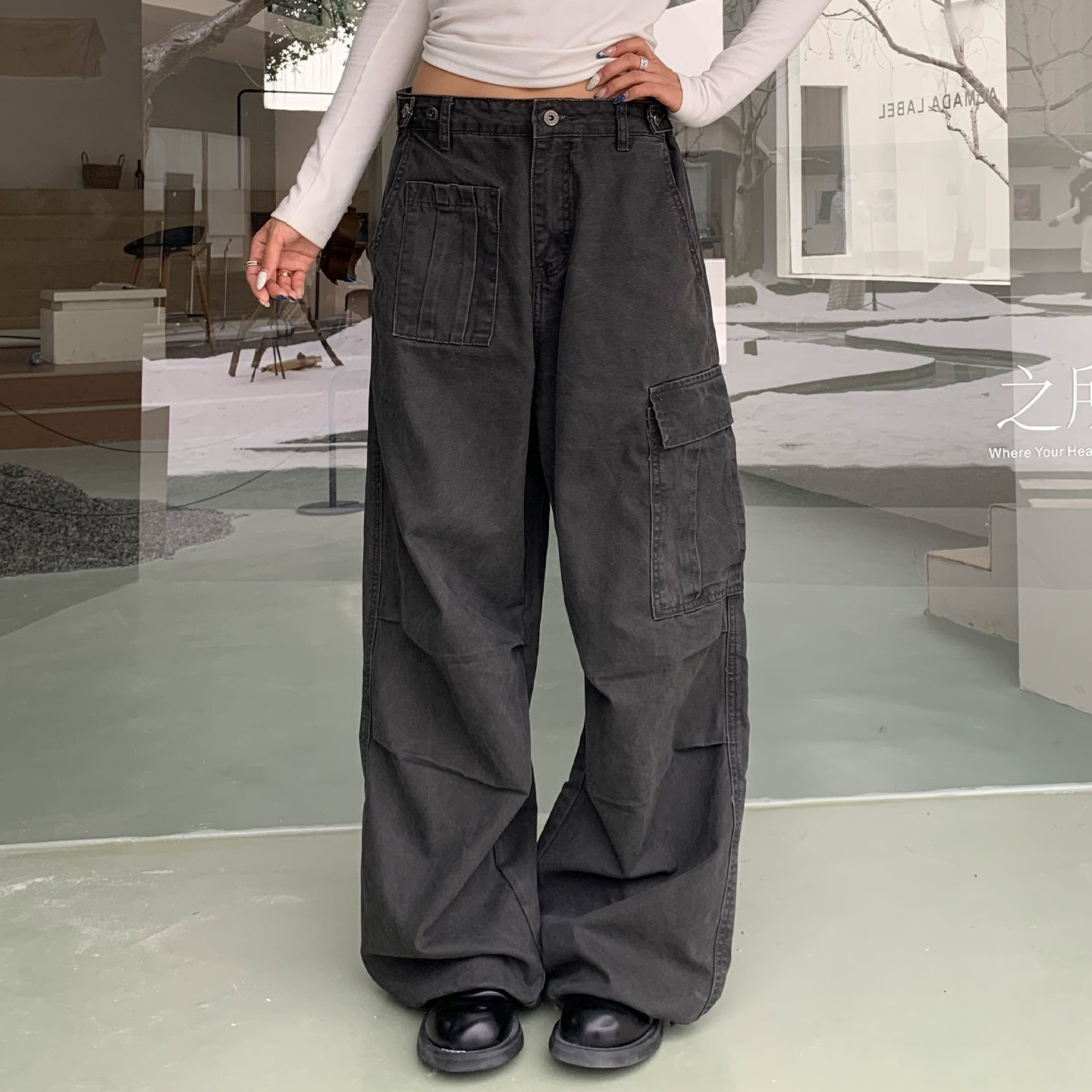 饭饭又饿了美式做旧工装裤女秋冬