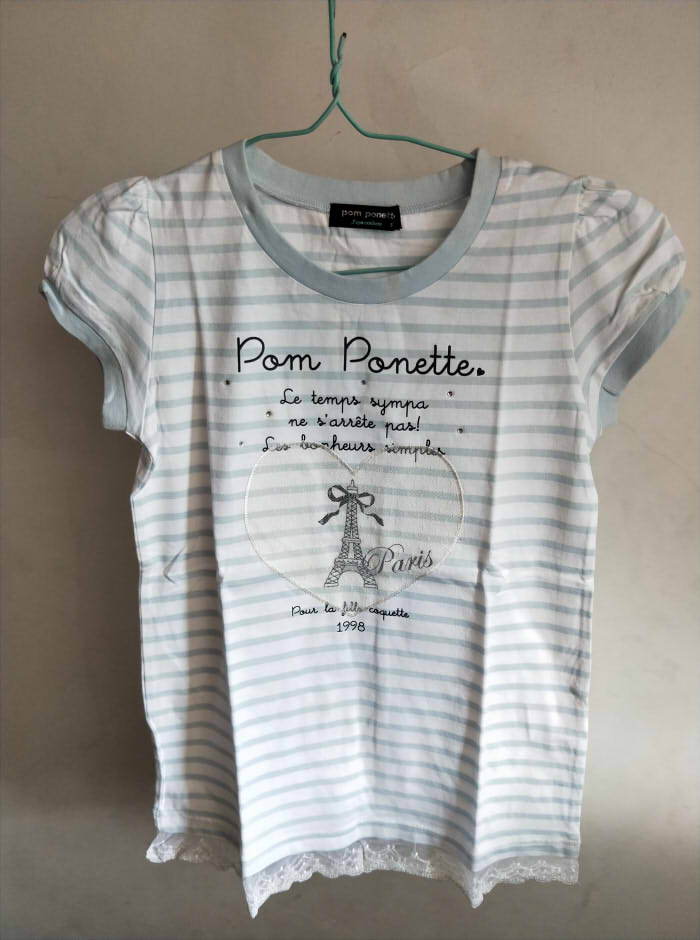 POM  PONETT*蓝白色条纹长款花边短袖140