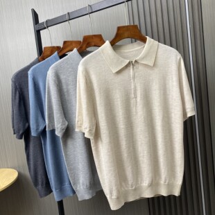 外贸男装轻奢级 高质感透气针织羊毛衫夏季男式半拉链翻领POLO衫