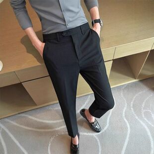 男士 薄款 条纹西裤 垂坠感高级感免烫九分锥形裤 修身 春夏冰丝休闲裤
