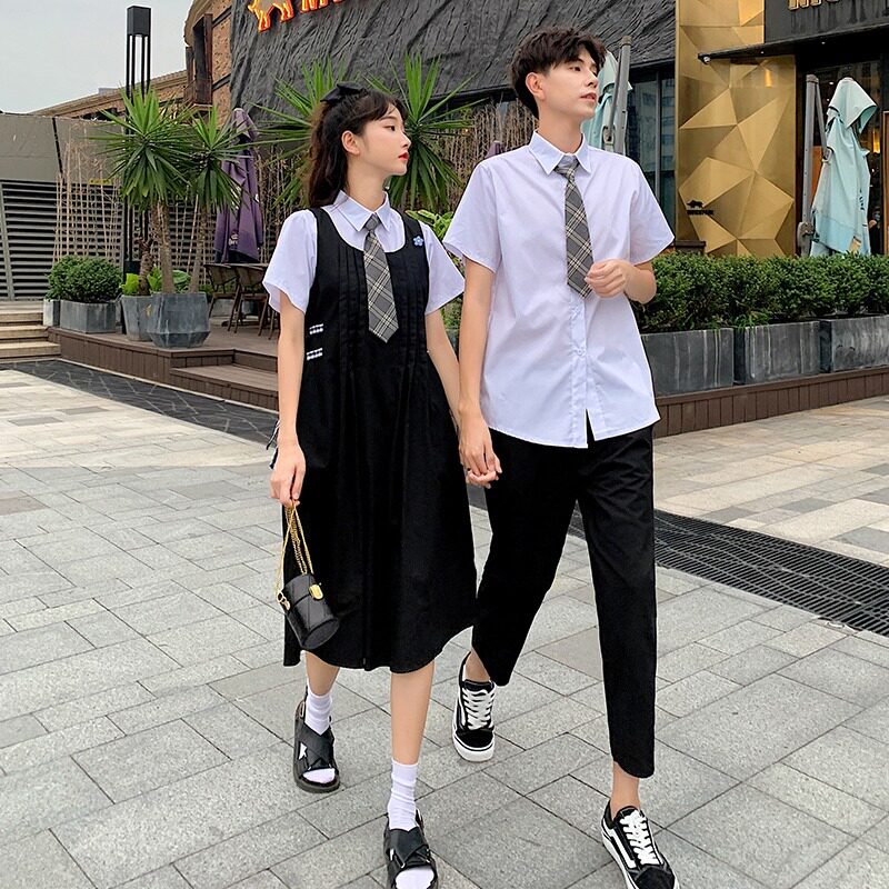 2025春夏季新款高中学院风胖mm衬衫领带jk制服宽松背带裙高中班服