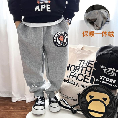 儿童长裤纯棉一体绒运动裤灰色