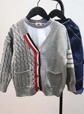 儿童潮牌四道杠麻花毛衣 25春秋新款男童宝宝灰色针织V领开衫外套