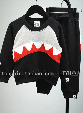 春秋冬加绒男女儿童黑色鲨鱼纯棉运动套装潮牌宝宝圆领卫衣长裤厚