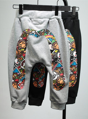 童装男童潮牌纯棉小猴大M哈伦裤春秋运动裤 宝宝黑灰色刺绣长裤子
