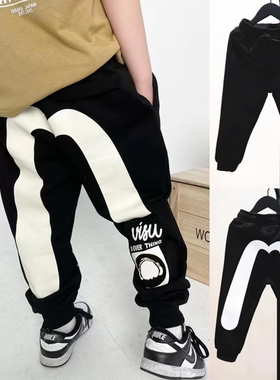 男童春秋冬裤子 25儿童潮牌大M黑色纯棉加绒运动裤中大童休闲长裤