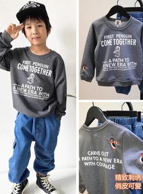儿童卫衣春秋新款2025灰色字母企鹅纯棉男童女童圆领衫中大童上衣