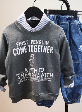 2025春秋男女儿童潮牌字母纯棉灰色卫衣中大童企鹅圆领衫百搭上衣