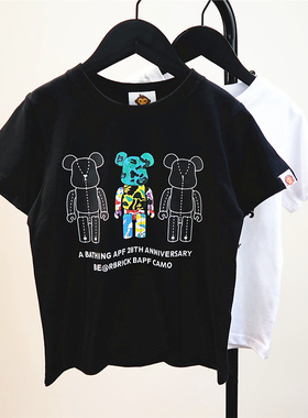 2025夏季男童潮牌卡通字母纯棉短袖T恤 宝宝黑色白色圆领百搭半袖