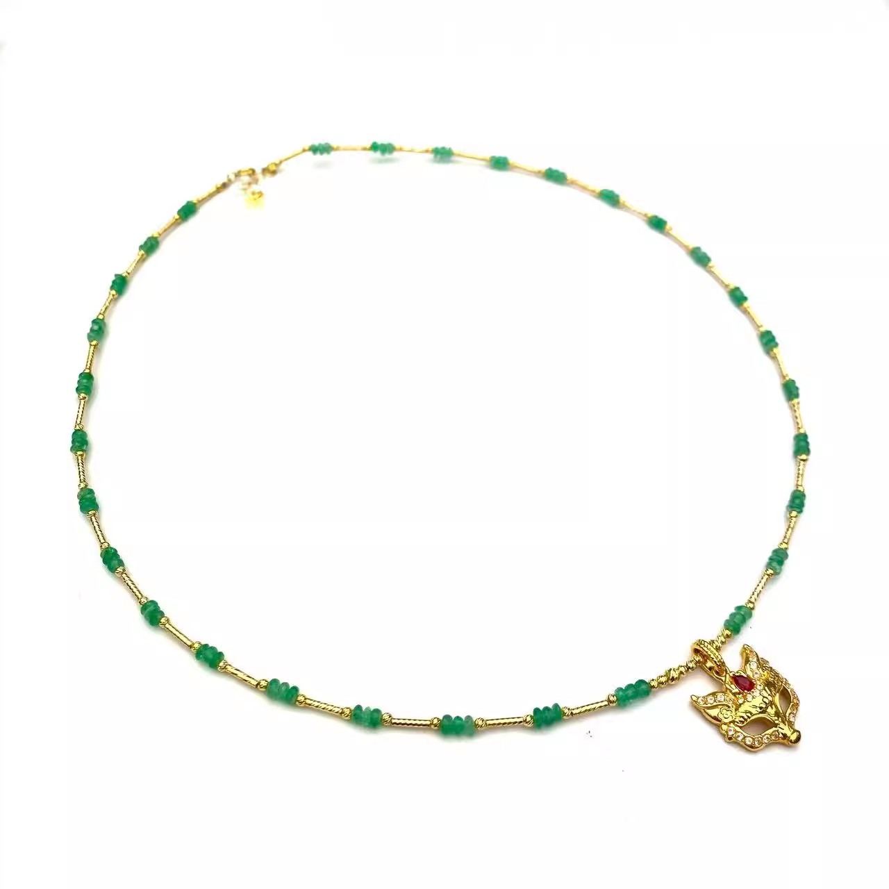 安伯曼18K金细长管祖母绿满天星狐狸面具锆石项链