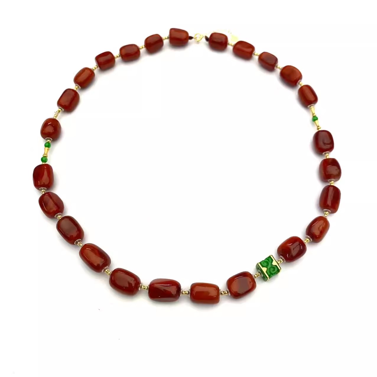 安伯曼18K金翡翠方糖回纹辣绿满绿南红糖豆子随形满天星项链