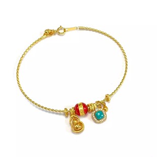 安伯曼绿松方形珐琅金珠葫芦圈圈18K金手镯W能