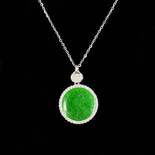 翡翠正浓Y绿大圆饼白蓝宝满圈18K白金钻圆梦乒乓球扣银项链15mm+