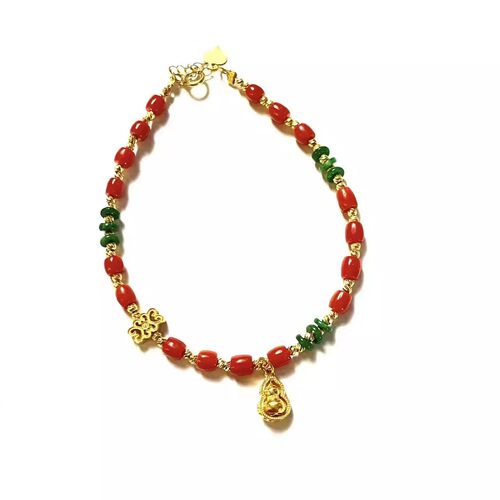 安伯曼18K金葫芦翡翠辣绿满绿科西卡红色桶珠手链4mm左右