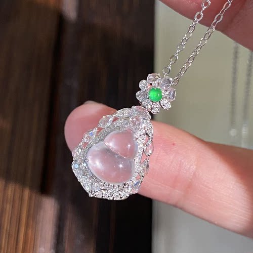 18K白金钻白蓝宝翡翠葫芦冰种吊坠925银项链
